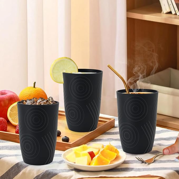Wheat Straw Cups 6 Pcs, 16 OZ Plastic Drinking Cups, Unbreakable Plastic Drinking Glasses, Alternative to Plastic Cups Reusable, Dishwasher Safe Kitchen Cups for Party, Bathroom, RV (Black)