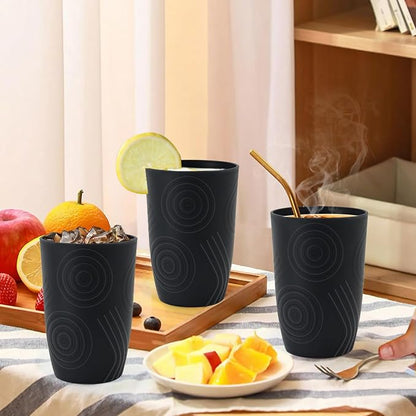 Wheat Straw Cups 6 Pcs, 16 OZ Plastic Drinking Cups, Unbreakable Plastic Drinking Glasses, Alternative to Plastic Cups Reusable, Dishwasher Safe Kitchen Cups for Party, Bathroom, RV (Black)
