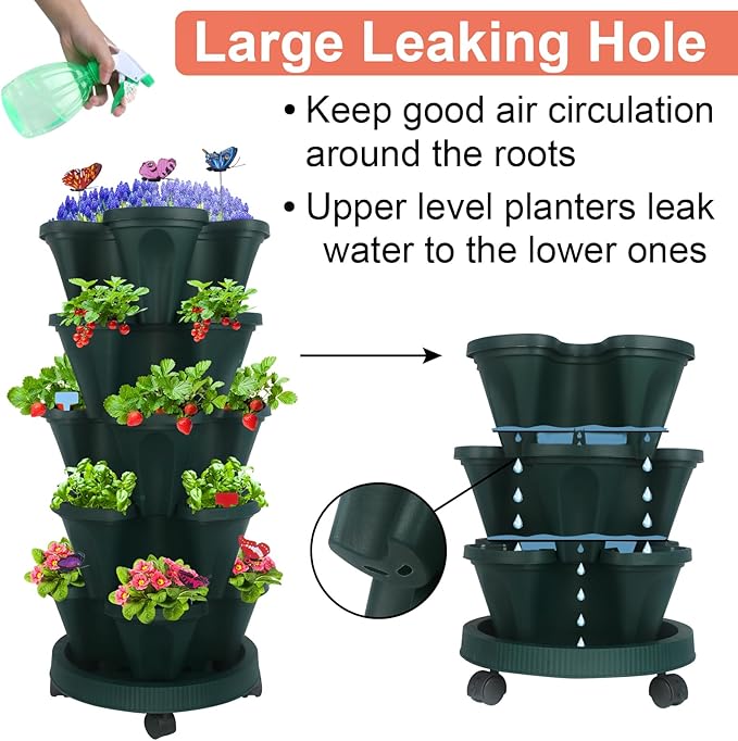 DUNCHATY Stackable Planter, Vertical Strawberry Planter with Garen Tool Set, Indoor/Outdoor 5 Tier Herb Planter Pots for Growing Vegetables and Succulents, Pine Green