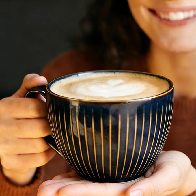 Ceramic Coffee Mugs with Handles, 24 oz Coffee Cups, Vertical Stripe Blue | Large Soup Bowl for Hot Chocolate, Cappuccino, Ramen, Oatmeal, Soup Mugs with Handles, Microwave & Dishwasher Safe