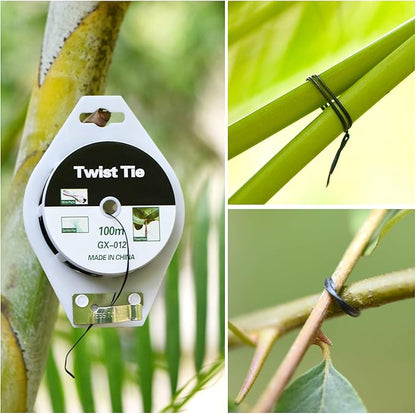 328ft (100m) Twist Ties, Plant Ties for Vines Garden Wire with Cutter for Gardening Home Office, Multi-Function Black Plastic Coated Wire