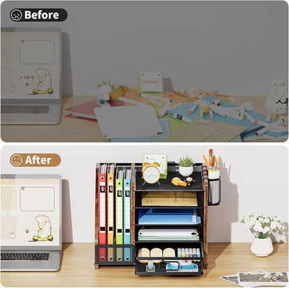 Marbrasse Desk Organizer with File Holder, 5-Tier Paper Letter Tray Organizer with Drawer and 2 Pen Holder, Mesh Desktop Organizer and Storage with Magazine Holder for Office Supplies (Wood-Brown)