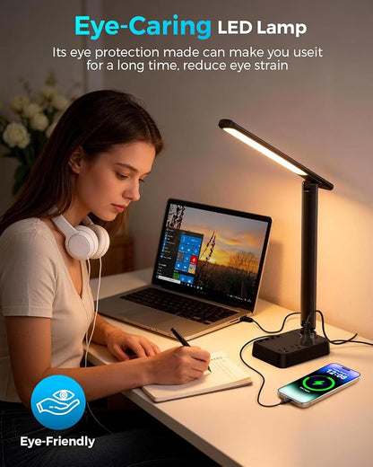 LED Desk Lamp with Power Strip, 3 AC Outlets, 4 USB Ports, Stepless Dimming | 2800K-6500K Color, 2 USB-C, Foldable Design, Timer & Memory, Study, Home Office & College Dorm