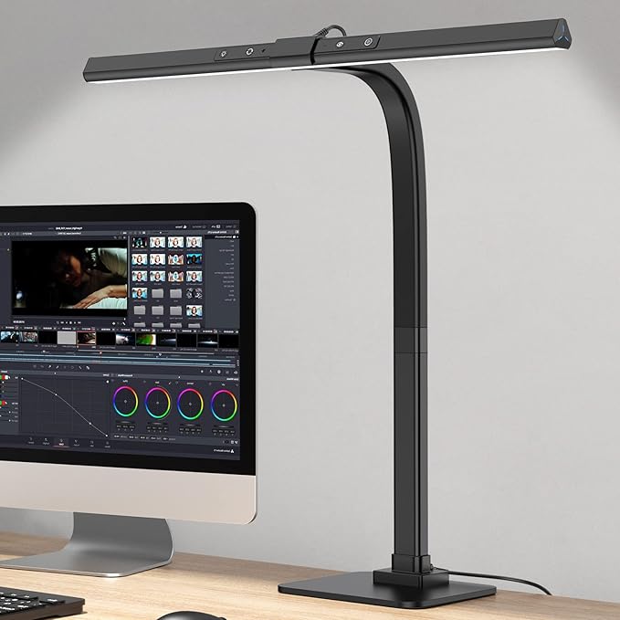 KableRika 12W LED Desk Lamp, Modern Architect Task Lamp with 6 Color Modes, Auto-Dimming, Eye-Care for Home Office, 18.1Inch Wide, 1.5m Cable, Aluminum Alloy, Black