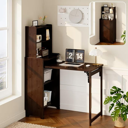 Bamboo Folding Desk with Bookshelf, Foldable Desk for Small Spaces, Brown | Space-Saving Computer Desk with Storage, Compact Size, Writing Study Table for Home Office, Bedroom, Dorm, Apartment