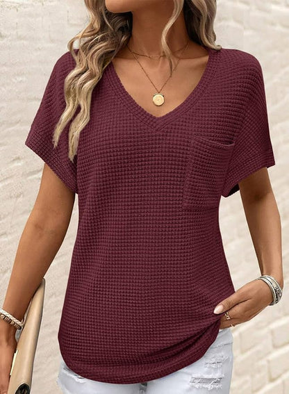 Dokotoo Womens Waffle Knit Tops 2026 Spring Summer V Neck Shirts Casual Trendy Women's Blouses Basic Tee