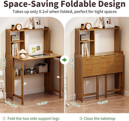 Folding Desk for Small Spaces, Bamboo Foldable Desk with Bookshelf, Brown | Small Computer Desk with Storage, Mid Century, Fold Out，Compact Size, for Bedroom, Living Room, Apartment, Home Office