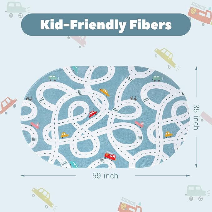 LIVEBOX Large Washable Kids Rug, 4'x6' Non-Slip Car Road Rug for Playroom, Fun Kids Room Rugs for Bedroom, Blue Road Carpet Indoor Kids Play Mat for Toy Room Toddler Room Classroom