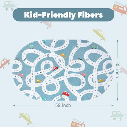 LIVEBOX Large Washable Kids Rug, 4'x6' Non-Slip Car Road Rug for Playroom, Fun Kids Room Rugs for Bedroom, Blue Road Carpet Indoor Kids Play Mat for Toy Room Toddler Room Classroom