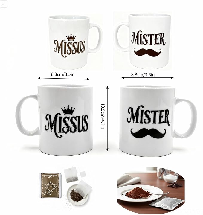 Porcelain Engagement Gifts For Couples, 11OZ Mister and Missus Mug Set of 2,Wedding Gifts for Couple, Bride and Groom Newlywed Bridal Shower, His Hers, Mr and Mrs, Christmas Day, Valentines