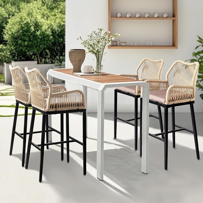 VINGLI Outdoor Bar Stools Set of 2, Heavy-Duty Outdoor Barstools Boho Woven Patio Bar Stools with Backrest, Patio Garden Balcony Pool Bar Chairs with Cushions (Apricot)