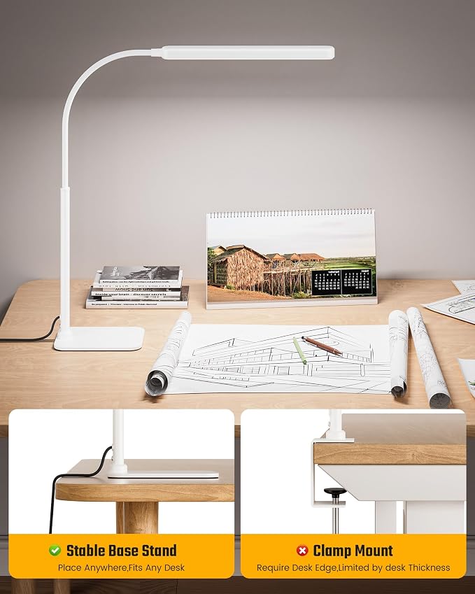 SUPERDANNY Eye-Caring LED Desk Lamp with Base 360° Flexible Gooseneck Work Lamp Touch Control 3 Light Colors Smooth Dimming Task Lighting Reading Light for Home Office College Dorm, White