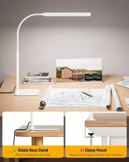 SUPERDANNY Eye-Caring LED Desk Lamp with Base 360° Flexible Gooseneck Work Lamp Touch Control 3 Light Colors Smooth Dimming Task Lighting Reading Light for Home Office College Dorm, White