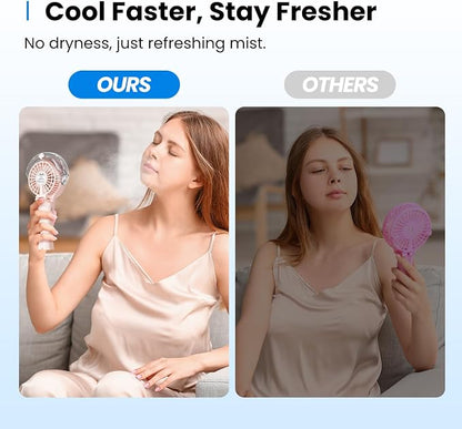 KIBEE Portable Misting Fan, 4000mAh Rechargeable Handheld Fan with 50ml Water Tank, Foldable 180° Mini Fan with Mist Spray, 3-Speed Personal Cooling Fan for Travel, Makeup, Concerts, Outdoor Use, Pink