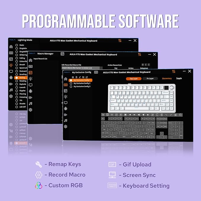 EPOMAKER X Aula F75 MAX Wireless Mechanical Keyboard with TFT Screen and Knob, Gasket Gaming Keyboard in 75% Layout, Hot Swappable, RGB Backlight, for PC/Mac/Linux (Blue&White&Purple)