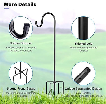 Shepherd Hooks for Outdoor, 1 Pack 94 Inch Bird Feeder Pole with 5 Prongs Base for Hanging Lantern, Hummingbird Feeder, Lightweight Plant, Shepherds Hook for Bird Feeders for Outside