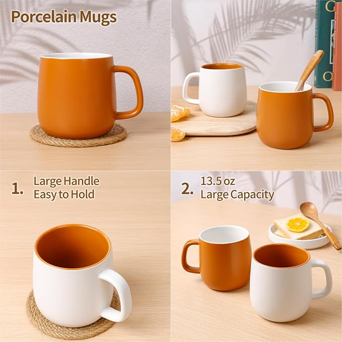 Ceramic Mug Set Porcelain Coffee Cups Set, Special Glaze Tea Cups Mug with Handle for Tea Latte Coffee Milk, Microwave Dishwasher Safe (White and Maple Brown)