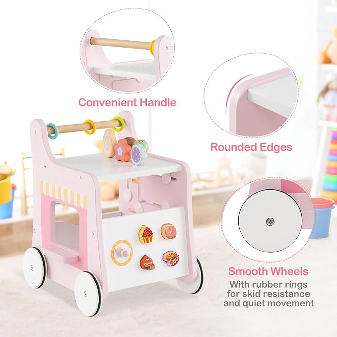 HONEY JOY Baby Push Walker, 8-in-1 Wooden Kids Ice Cream Cart & Activity Walker, Develop Motor Skills & Creativity, Dessert Shop Push Toys for Babies Learning to Walk, Gift for Boys and Girls (Pink)