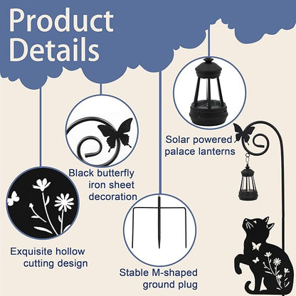 Solar Cat Lantern Garden Stakes - Outdoor Decorative Solar Lights for Yard, Patio, Pathway - Weatherproof Metal Cat Stake with Auto Night Lighting