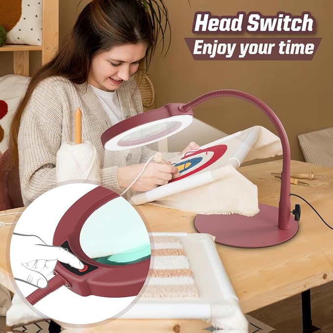 10X Magnifying Glass with Light and Stand, 5 Color Modes Stepless Dimmable LED Lighted Desk Lamp, Hands Free Flexible Gooseneck Magnifier with Light for Craft Hobby Painting Close Work - Red