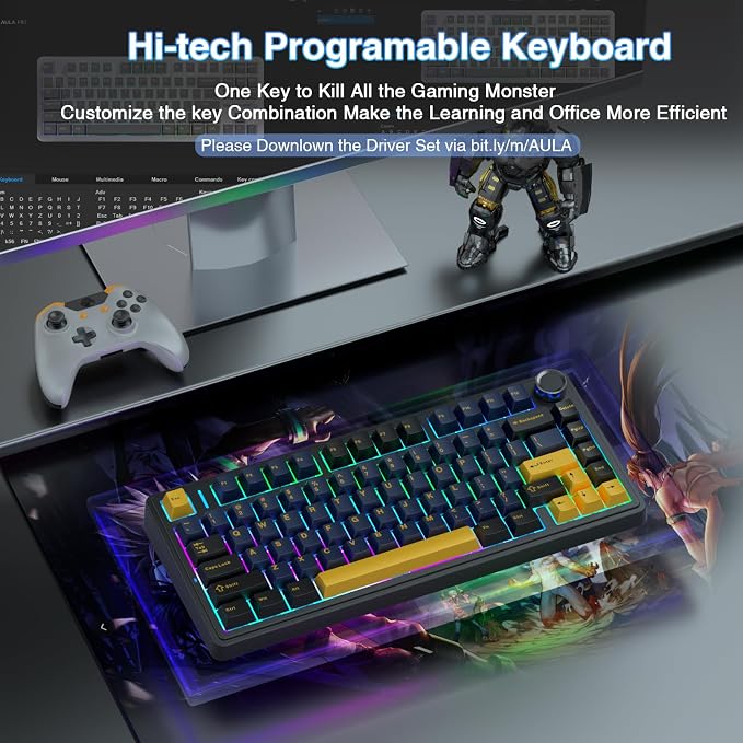 AULA F75 75% Wireless Mechanical Keyboard, Hot Swappable Creamy Keyboard, Pre-lubed Greywood Switches RGB Backlit Gaming Keyboards, 2.4GHz/Type-C/BT5.0(Cool Black)