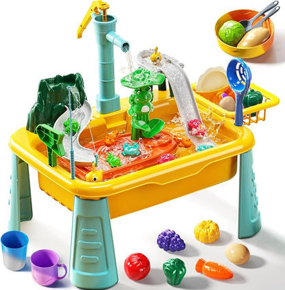 Kids Water Table Play Toy for Toddlers 1-3 4-8 Years Old - Kitchen Sink with Pump and Flowing Water, Fishing Games, Outside Sensory Gift Toys for Boys and Girls 2 3 4 5 6 7 8