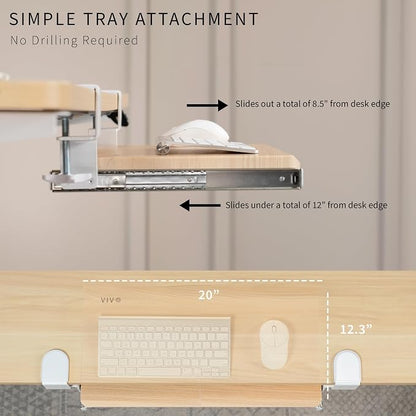 VIVO Small Clamp-on Computer Keyboard and Mouse Under Desk Slider Tray, 20 x 11 inch Pull Out Platform Drawer, Light Wood, MOUNT-KB05ES-A | Keyboard Tray for Typing, Slide Out Platform, Extra Sturdy C-Clamp Mount System, Computer Drawer, White Frame