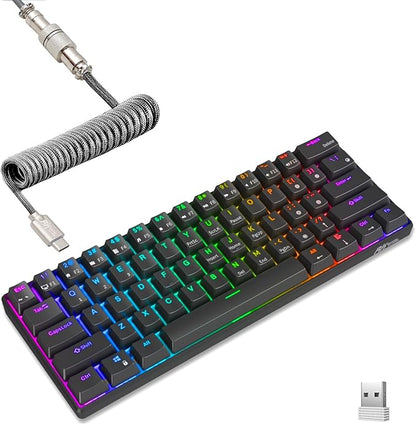 RK ROYAL KLUDGE RK61 60% Wireless Mechanical Keyboard w/Coiled Cable, Black | RGB Gaming Keyboard with Bluetooth/2.4G/Wired, Hot Swappable 61 Keys Ultra-Compact for Win/Mac/PC Game, Tactile Brown Switch