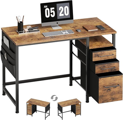 Maihail Small Desk with Drawers, Office Desk with Storage Shelves, Brown2 | 40 Inch Desktop, Metal Frame, 3 Fabric Drawers, Storage Shelves, Computer & Writing Desk, Office Gaming Workstation