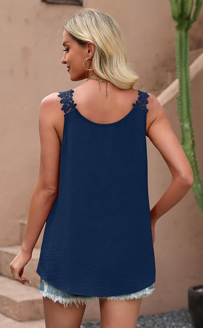 OFEEFAN Tank Top for Women Loose Fit Crew Neck Sleeveless Shirts Strap Lace Camisole Chiffon Summer Tops Curved Hem
