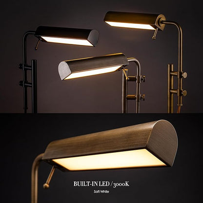O'Bright Aurora LED Pharmacy Desk Lamp - Swing Arm, Industrial Design for Reading, Crafting, Work,10W LED, Adjustable Height 18.5-24.5 inches - Ideal for Living Room, Bedside, Office - Antique Brass