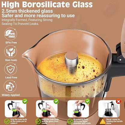 4 Cup 200ml Glass Moka Pot, Stovetop Espresso Maker, Black | Crystal Glass-top & Stainless Steel Coffee Maker, Induction Compatible, for Greca de Cafe, Cuban and Italian Coffee Brewing