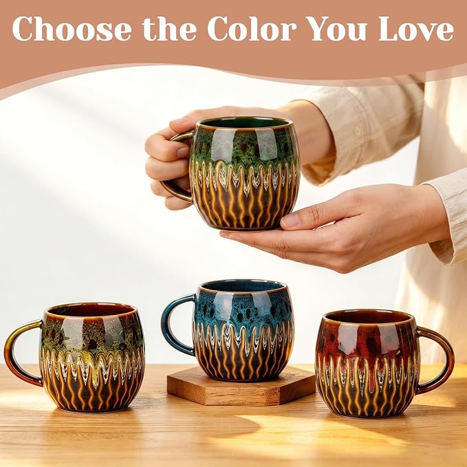 20oz Large Ceramic Coffee Mugs Unique Big Pottery Coffee Mug Microwave Safe Cool Stoneware Cups for Tea Latte Oversized Mug With Handle for Home Green Wide Clay Mugs for Men Fancy Handmade Ceramic Cup