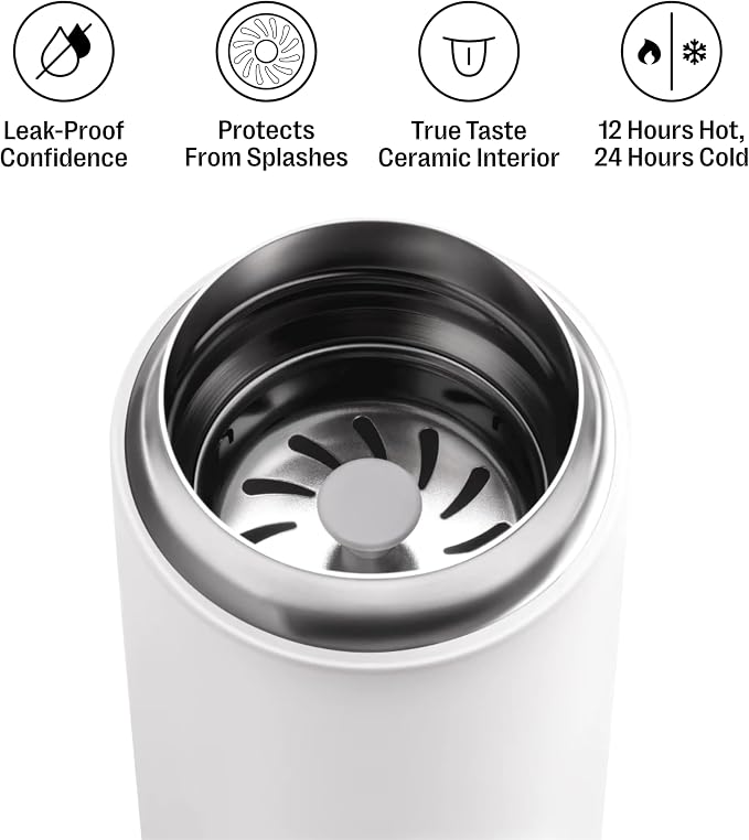 Fellow Carter Move 12oz Ceramic-Lined Coffee Travel Mug - Vacuum-Insulated Stainless Steel Tumbler, No Metallic Taste, Leak-Proof, Hot 12Hr Cold 24Hr, Dishwasher Safe, BPA-Free, Matte White