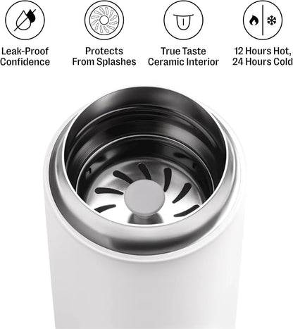 Fellow Carter Move 12oz Ceramic-Lined Coffee Travel Mug - Vacuum-Insulated Stainless Steel Tumbler, No Metallic Taste, Leak-Proof, Hot 12Hr Cold 24Hr, Dishwasher Safe, BPA-Free, Matte White