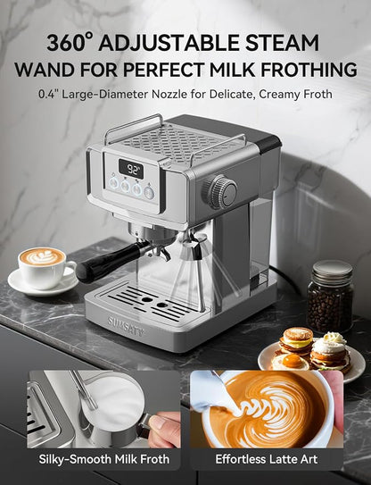 SUMSATY 20 Bar Espresso Machine Stainless Steel with Powerful Milk Frother | LED Display Espresso Coffee Machine 1350W Fast Heating Home Barista to Make Latte Cappuccino, Pre-Infusion, 61oz Water Tank