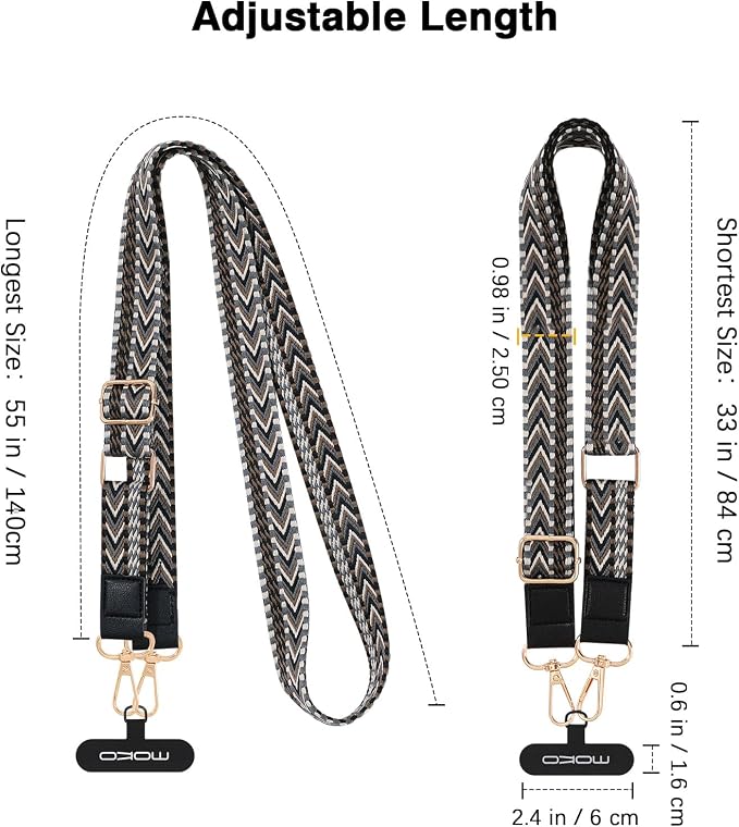 MoKo Universal Phone Lanyard, Braided Adjustable Cell Phone Crossbody Strap Detachable Women & Men Cellphone Lanyards Around The Neck with Patches for iPhone, Most Smartphones, Black & Gray