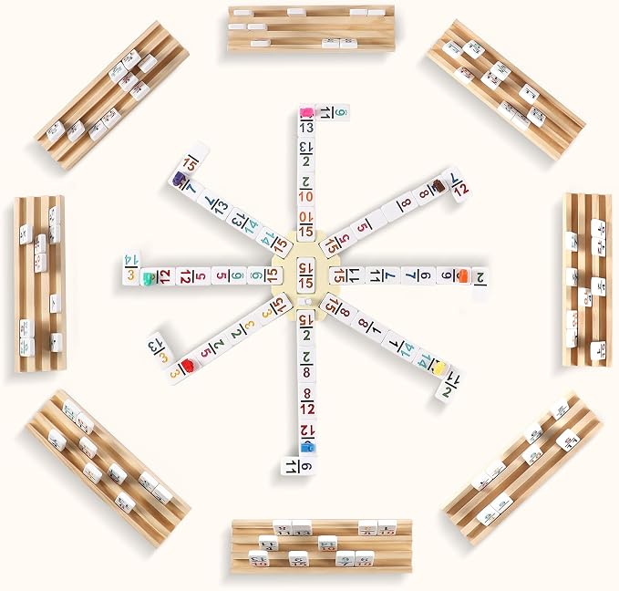 Mexican Train Dominoes Set with Numbers and 8 Wooden Trays/Racks, Double 15 Dominos Travel Set with 8 Tiles Holders, 136 Tiles Double 15 Colored Dominoes Game Set with Zippered Case for Family Kids