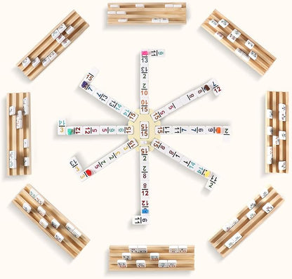 Mexican Train Dominoes Set with Numbers and 8 Wooden Trays/Racks, Double 15 Dominos Travel Set with 8 Tiles Holders, 136 Tiles Double 15 Colored Dominoes Game Set with Zippered Case for Family Kids