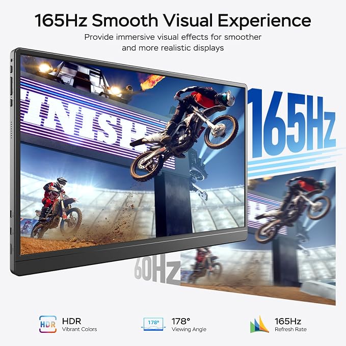 MNN 17.3" QHD 165Hz USB-C HDMI Gaming Monitor | 17.3" QHD 165Hz IPS 100% sRGB, USB-C/HDMI, kickstand, slim metal, travel gaming for PC/Phone/PS5/Xbox.