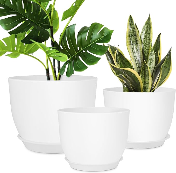 Plant Pots 12/10/9 inch Set of 3, Flower Pots with Multi Mesh Drainage Holes, Large Planters for Indoor Outdoor Garden Plants and Flowers. (White)