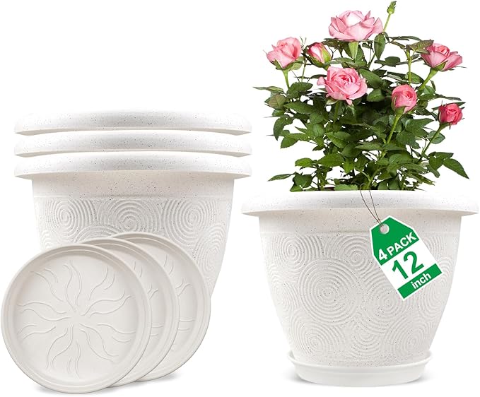 Plastic Flower Pots Planters for Indoor Plants, 4 Pack 12 Inch White Plant Pots with Drainage Hole & Tray, Modern Decorative Large Plant Pot with Saucer for Indoor Outdoor Plants Garden House Planter