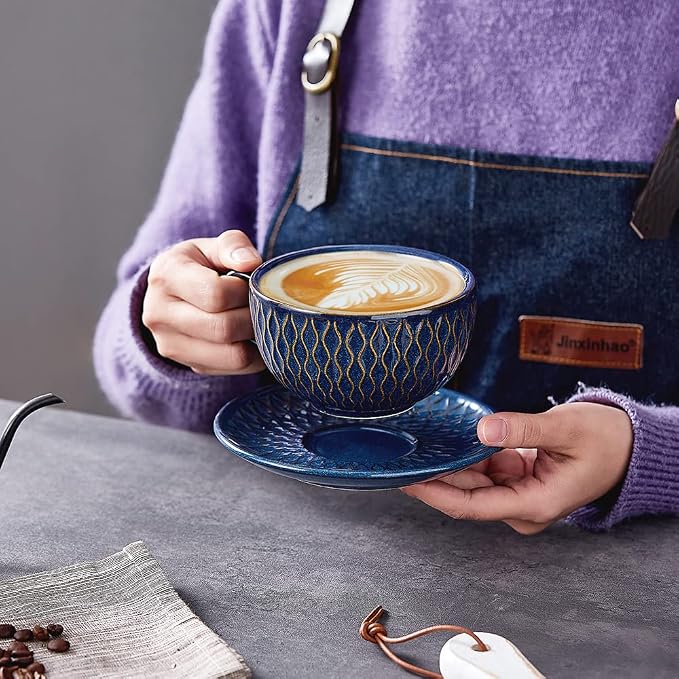 Coffeezone Vintage Design 12 oz Ceramic Latte Art Cappuccino Barista Cup with Saucer (Embossed Blue)