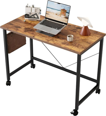Mericonia 39x20 Inch Computer Desk with Wheels, Small Simple Rolling Desk | Writing Table for Home Office Bedroom Work Study, Brown