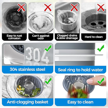 zaa 3 in 1 Kitchen Sink Drain Strainer Stopper Removable Basket Pop-Up | Kitchen Sink Accessories 3 Pack Silver Stainless - Food Catcher, Odor-Blocking Seal, Fits 3.5" Drain, Easy Clean