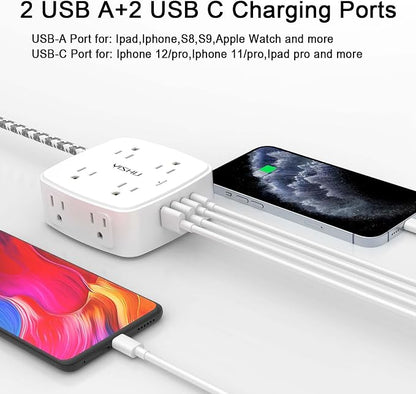 Surge Protector Power Strip - YISHU 8 Outlets with 4 USB (2 USB C) Charging Ports, 5Ft Braided Extension Cord, Flat Plug Multi Plug Outlet Extender Charging Station for Home Office, ETL, White