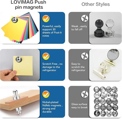 LOVIMAG Fridge Magnets 30Pcs, Magnet for Refrigerator Whiteboard, Silver | Small Strong Neodymium Metal Cute Push Pin for Classroom, Kitchen, Accessories Decorative, Office, Calendar