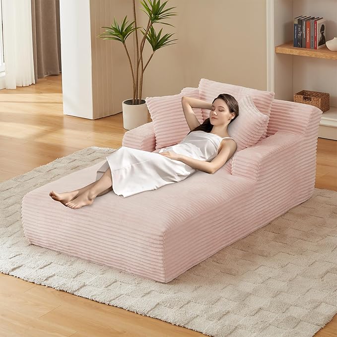 Chaise Lounge Chair Indoor, 50 Inch Oversized Corduroy Upholstered Boneless Sofa Bed, Deep Seat Sleeper Couch Reading Chairs, Cloud Sofas Couches for Living Room (Pink, 50" W x 80" D)