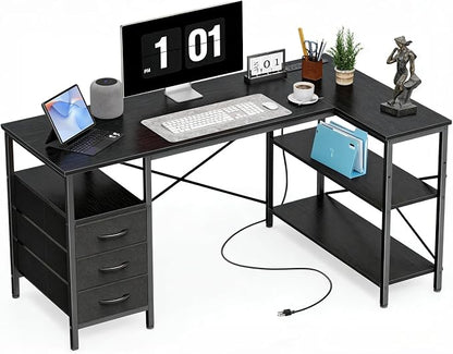 Alpen Computer Desk with Drawers, L Shaped Desk for Bedroom with Power Outlets, Gaming Table with Storage Shelves, Corner Desk for Gaming, Study Writing PC Table, 47.2 Inch, Black