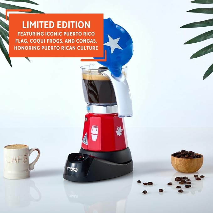 IMUSA 6 or 3 Cup Electric Boricua Espresso Coffee Maker, Red | Bare Cast Aluminum Finish, Cool-Touch Handle, Ideal for Moka and Puerto Rican Coffee, Great for Gifting